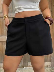 Dazy Plus Plus Size Solid Color Loose Straight Leg Casual Black Pants, All Season Summer - Black - View 5