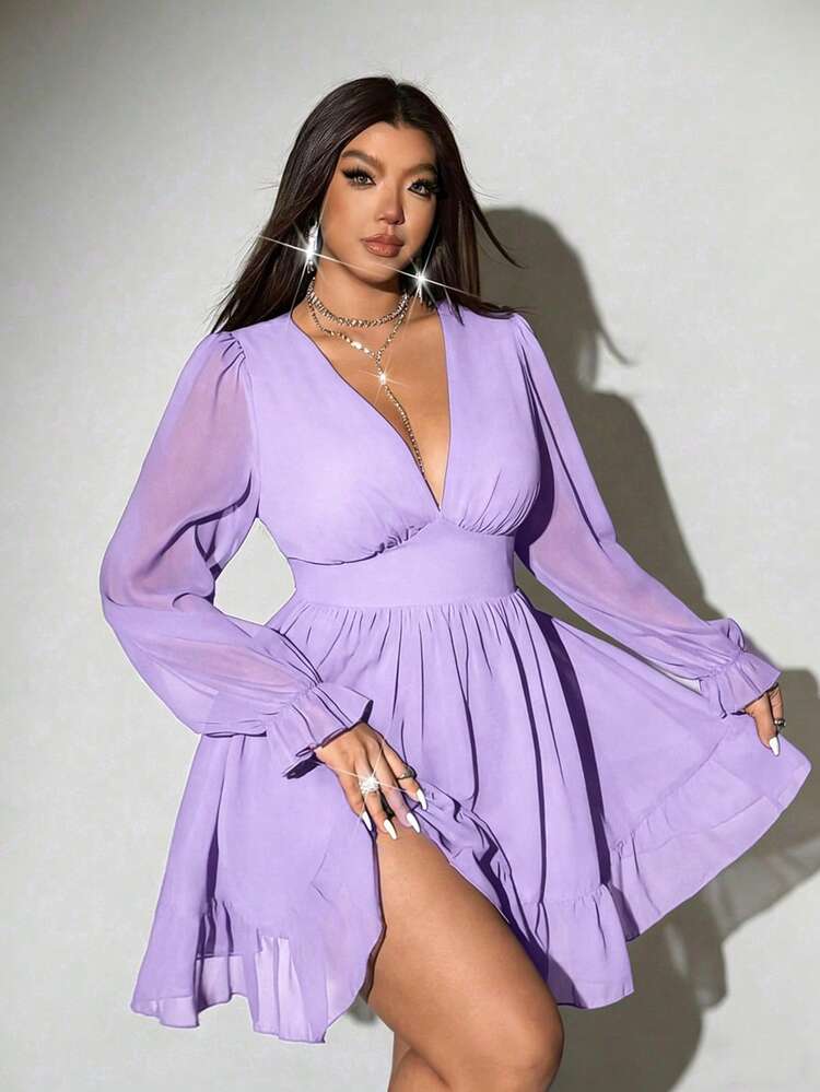 Viva Relle Plus Size Women's Solid Color Deep V-Neck Ruched Fashion Date Party Dress - Mauve Purple - View 5