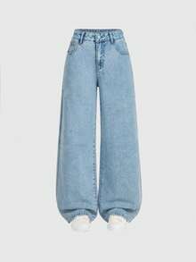 SHEIN MOD 女士心形刺绣口袋阔腿宽松休闲百搭牛仔裤 - 藍色 - 查看 2