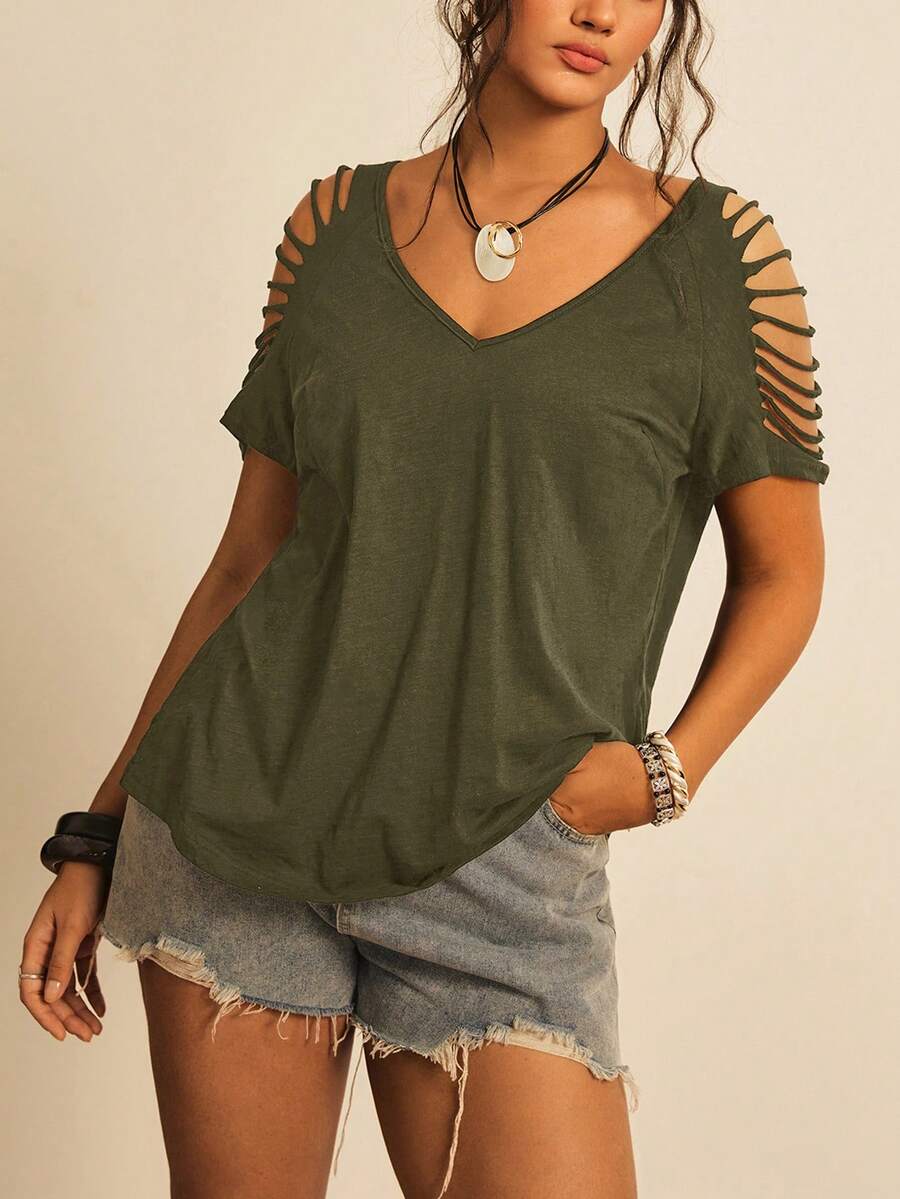 Freevana Plus Size Women Solid Color Hollow Out Raglan Sleeve Casual T-Shirt - Army Green - View 1