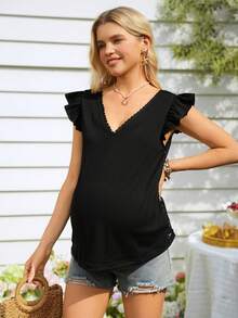 SHEIN 孕妇时尚简约提花针织T恤 - 黑色 - 查看 4