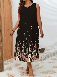 INAWLY Plus Floral Print Tank Dress, Summer - Black - View 4