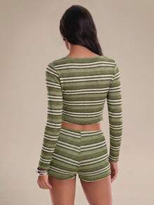 Avantive 女士条纹长袖上衣和短裤两件套休闲装 - 綠色 - 查看 3