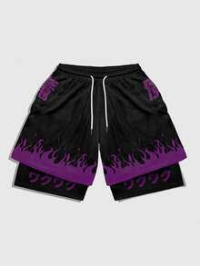 ROMWE MEN Anime Men's Summer Casual Fashionable Street Y2K Flame Print Drawstring Waist Loose Shorts - Multicolor - View 5