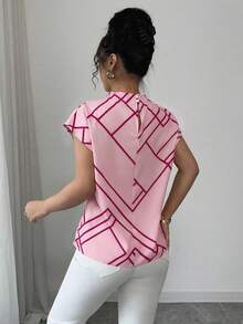 Elenzga 女士春夏休闲优雅立领不对称几何数码印花短袖衬衫 - 粉色 - 查看 2