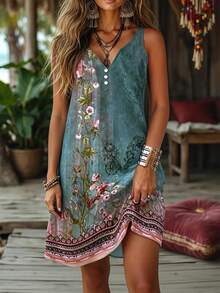 Zayélia Women's Floral Printed Notched V-Neck Sleeveless Dress - Green - View 3