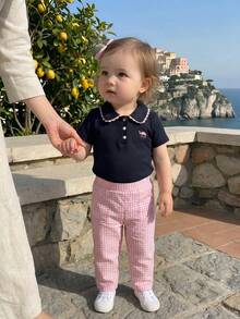 Souflis Souflis Baby Girl Lace Trim Polo Collar Short Sleeve Top, Spring/Summer - Navy Blue - View 7