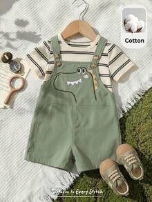 Cozy Pixies 2pcs Baby Boy Striped Pattern Knit Soft Round Neck Short Sleeve Pullover Top And Bib Shorts Set Dinosaur Clothes Baby Baby Boy Summer Overall Outfits Baby Boy Overalls Baby Boy Green Clothes Baby Clothes Outfit Set Baby Romper Cotton Baby Clothes - Multicolor - View 8