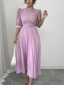 Rafferiza 女士撞色蕾丝花瓣袖优雅褶皱连衣裙 - 淡紫色 - 查看 4