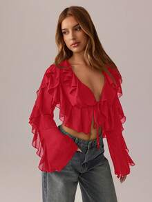 SHEIN SXY Áo đen; Trang phục nữ mùa thu; Áo croptop; Áo dài tay gợi cảm màu đen lưới xuyên thấu, dây đeo hình lá sen, cổ chữ V sâu dành cho nữ, thích hợp cho các buổi tiệc tùng, lễ hội. - Đỏ - Xem 3