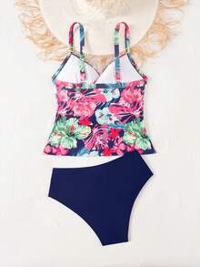 Swim Lushoire 夏季海滩度假女士热带花卉印花V领褶皱吊带背心式泳衣上衣搭配纯色三角泳裤，两件套泳衣 - 彩色 - 查看 5