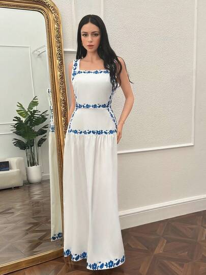 Modelyn 女士碎花方领无袖休闲连衣裙