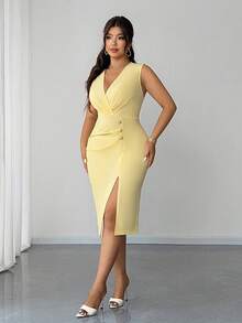 Elenzga Plus Size Women's Elegant Casual V-Neck Sleeveless Waist Cinched Button Decor Bodycon High Slit Dress, Spring/Summer - Yellow - View 5