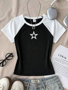 少女黑白撞色星星印花休闲圆领T恤，夏季 - 黑與白 - 查看 1