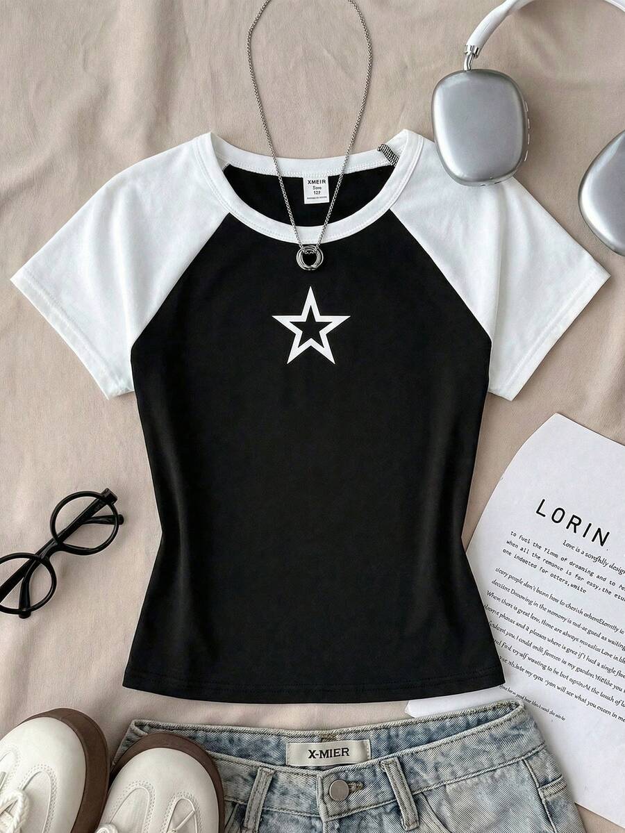少女黑白撞色星星印花休闲圆领T恤，夏季 - 黑與白 - 查看 1