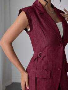 Modelyn 女款秋季酒紅色兩件式套裝，優雅無袖西裝外套與長褲，現代側綁腰商務正裝，適合女士辦公室工作 - 紅色 - 查看 6