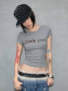 ROMWE Avant Minimalist Basic Funny Slogan Print Crew Neck Fitted Waist Short Sleeve T-Shirt - Grey - View 3