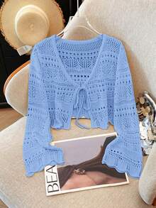 Franclia Áo khoác cardigan mỏng nhẹ, màu trơn, chất liệu ren móc rỗng, kiểu dáng đa năng dành cho nữ. - Màu xanh nhạt - Xem 5