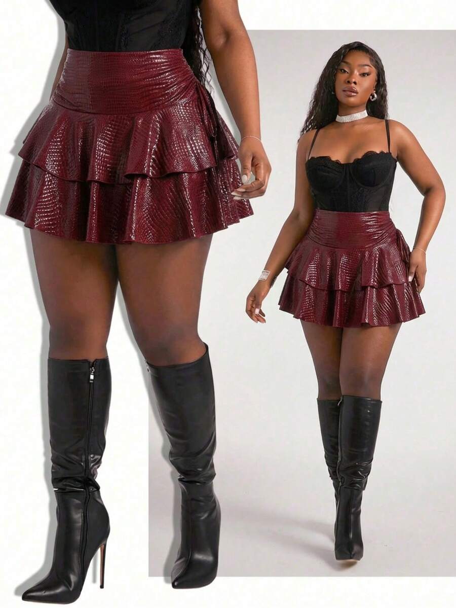 SHEIN SXY 大码女式纯色简约休闲半身裙 - 酒紅色 - 查看 1