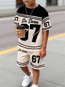 SHEIN Coolqubz 2pcs/Set Boys Casual Stylish Creative Personalized Refreshing High-End Simple Numeric 67 Striped Black & Beige Graphic Letter Slogan Print Relaxed T-Shirt And Shorts Set, Comfortable Daily Wear, Suitable For Spring, Summer, Autumn Boy 7y Clothing Boy Jersey Outfits Big Boy Clothes Boy 2 Piece Set - Multicolor - View 1