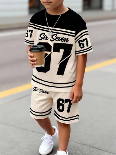 SHEIN Coolqubz 2pcs/Set Boys Casual Stylish Creative Personalized Refreshing High-End Simple Numeric 67 Striped Black & Beige Graphic Letter Slogan Print Relaxed T-Shirt And Shorts Set, Comfortable Daily Wear, Suitable For Spring, Summer, Autumn Boy 7y Clothing Boy Jersey Outfits Big Boy Clothes Boy 2 Piece Set