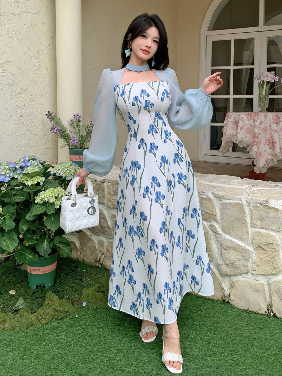 Feyla 女士花卉图案灯笼袖优雅中长连衣裙 - 藍白色 - 查看 1