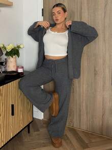 Bethéva 女士宽松商务休闲针织开衫和直筒裤套装，秋冬优雅办公室装 - 深灰色 - 查看 4