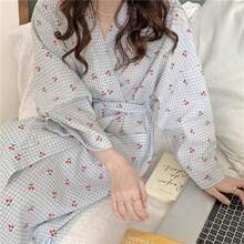 一件式浴袍 晨袍 女士欧美简约长袖睡袍 春秋新款甜美可爱小码加大码浴袍 全长浅蓝色樱桃小格纹长袖薄款纯色睡衣家居服 - 藍格櫻桃 - 查看 5