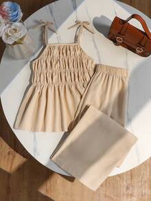 Sparklyn 女童条纹蝴蝶结吊带背心和直筒裤夏季度假装 - 杏色 - 查看 3
