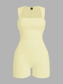 SHEIN EZwear 3件組女款無袖收腹羅紋連身衣，黑色、丁香紫、奶油黃，夏季運動休閒健身瑜伽短款連身衣 - 淡紫色 - 查看 3