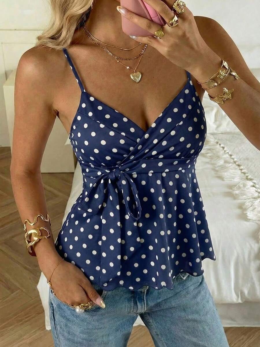 CovetEZ Women's Spring/Summer New Item - Sweet Casual Blue Polka Dot Fresh Girly Style Side Tie Ruffle Hem Camisole - Multicolor - View 1