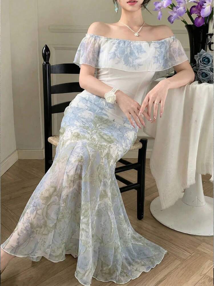 Sexy Off-Shoulder Bandeau Mermaid Dress, Waist Cinched Women's Long Dress Sundress