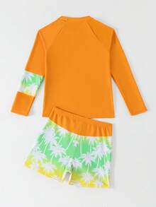 SHEIN 2pcs Tween Boys Swimwear Set,Tropical Orange Summer Funny Beach Vacation Holiday,Palm Tree Long Sleeve Rash Guard Top&Matching Printed Swim Trunks - Multicolor - View 7
