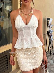 Avenya V领蕾丝边刺绣下摆吊带衫 - 杏色 - 查看 4