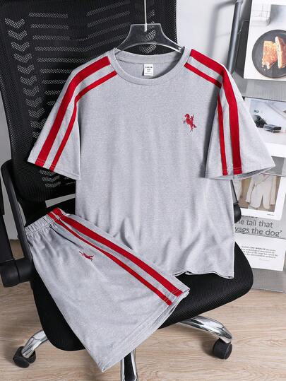 SHEIN Set de camiseta de manga corta de cuello redondo y pantalones cortos de punto con contraste de color casual y cómodo para niños/preadolescentes varones, 2 piezas