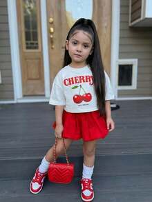 SHEIN 少女休闲可爱樱桃印花圆领T恤和荷叶边半裙两件套 - 紅白色 - 查看 3
