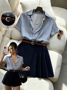 Franclia 夏季休闲条纹衬衫和百褶裙两件套 - 杏色 - 查看 1