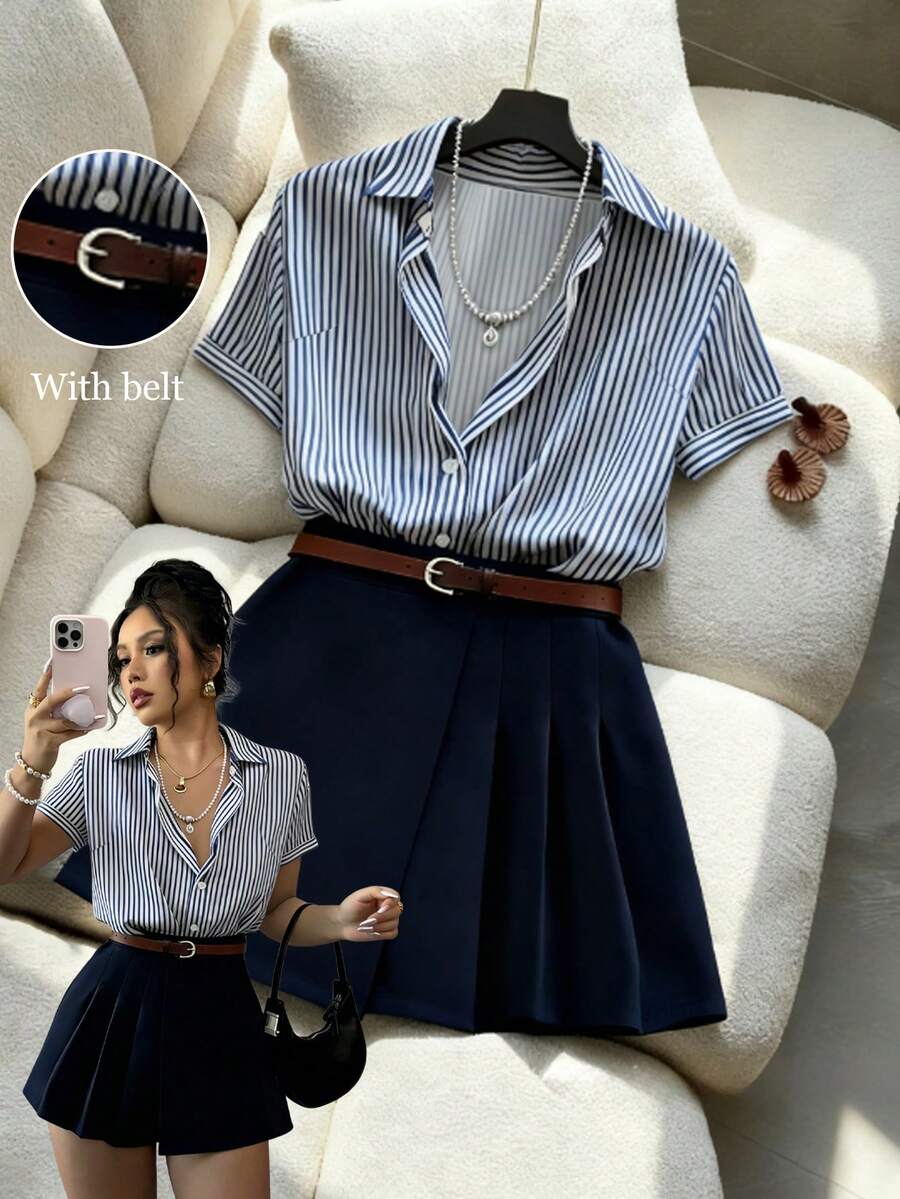 Franclia 夏季休闲条纹衬衫和百褶裙两件套 - 杏色 - 查看 1