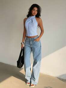 Aloruh 优雅度假风性感蓝白条纹衬衫，简约露背设计，适合办公室通勤穿着。 - 藍白色 - 查看 6