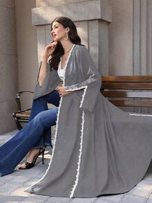 Yasmyna Áo choàng Abaya tay dài dáng rộng, phối ren, dành cho nữ - Màu Xám nhạt - Xem 7