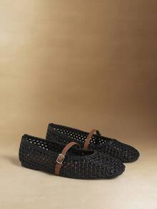 Rosivie Stylish And Exquisite Mesh Hollow Flat Women's Shoes, Fashionable And Comfortable, French Square Toe Elegant Flat Shoes - Black 1 - View 3
