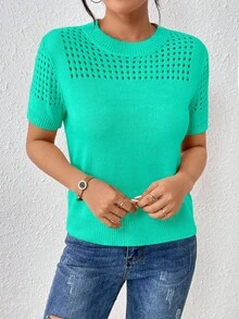 EMERY ROSE Atasan Rajut Lengan Pendek Warna Polos Leher Bulat untuk Wanita, Cocok untuk Musim Panas, Pakaian Tahun Baru, Kencan, Warna Hijau Zamrud, Kasual - Mint Green - View 7
