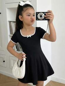 SHEIN Tween Girls' Black Knit Casual Bow Decor Waist Cinched A-Line Short Sleeve Dress, Summer - Black and White - View 4