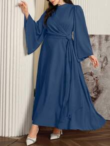 Modelyn Đầm maxi dài xòe rộng cổ khăn choàng dành cho nữ cỡ lớn, màu đỏ đậm thanh lịch. - Màu xanh lam - Xem 7