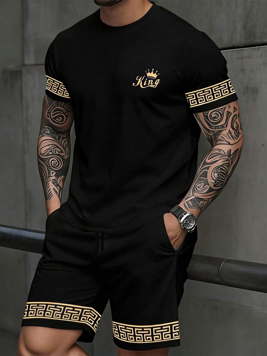 Manfinity Homme 经典百搭短袖T恤短裤套装，金色“国王”图标袖口花卉设计，成熟酷炫街头风 - 彩色 - 查看 1