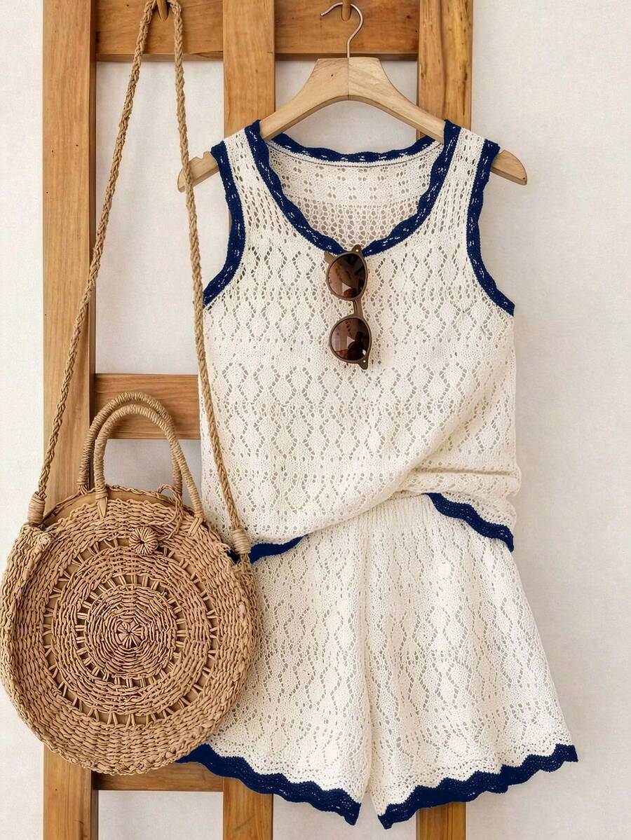 SHEIN Franclia 新款简约夏日度假风优雅镂空波浪领性感吊带背心修身显瘦沙滩度假撞色无袖针织女式毛衣两件套 - 藏蓝色 - 查看 1