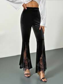 SHEIN Tall 撞色蕾丝不对称下摆天鹅绒喇叭裤 - 黑色 - 查看 4