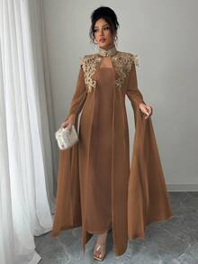 Rafferiza Elegante, digno y grácil conjunto de 2 piezas: vestido largo y chaqueta - Marrón - Ver 6
