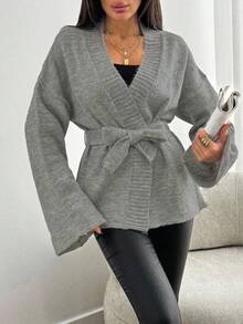 EURMUSE 1pc Women's Solid Loose Drop Shoulder Long Sleeve Casual Cardigan, Autumn/Winter - Grey - View 3