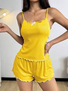 SHEIN 简约紫色罗纹休闲家居服，适合室内外穿着 - 黃色 - 查看 6